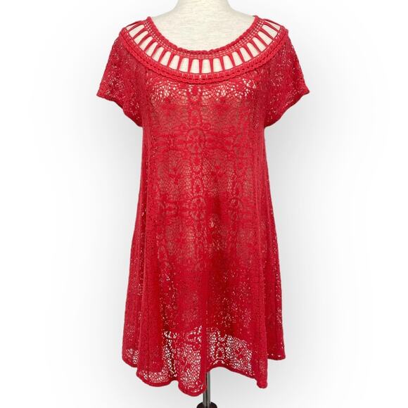 FREE PEOPLE Coral Red Eyelet Cut Out Sheer Boho Mini Dress Size Medium Cover Up - Picture 1 of 6